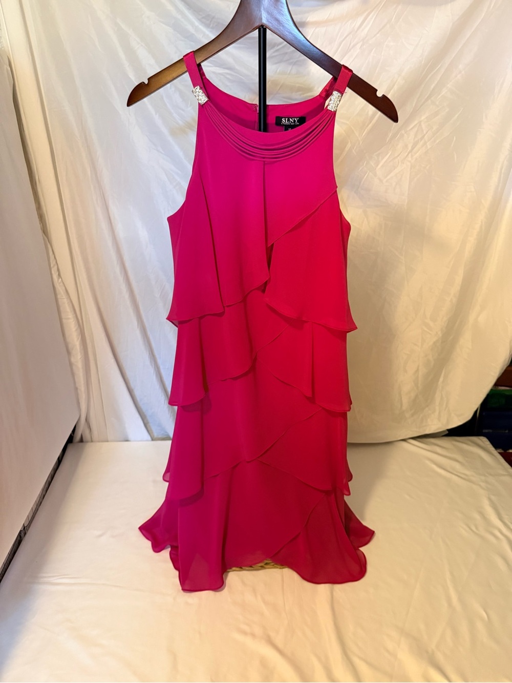 SLNY Fuchsia Tiered Ruffle Sleeveless Dress with Beaded Straps Size 12 (JJ4)